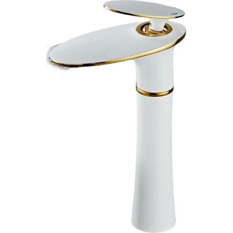 Mitigeur Salle de Bain Cascade Mitigeur Lavabo Blanc et Or Mitigeur Salle de Bain en Laiton Monocommande, Haut (1/4)
