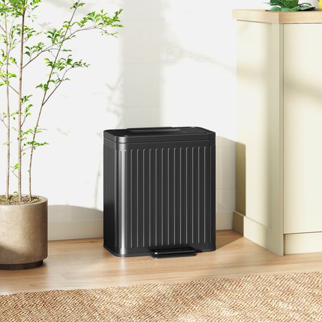 Dual 20L Kitchen Trash Bin with Removable Buckets, Pedal Lid, No Assembly, Includes Rubbish Bags - Black Metal Design