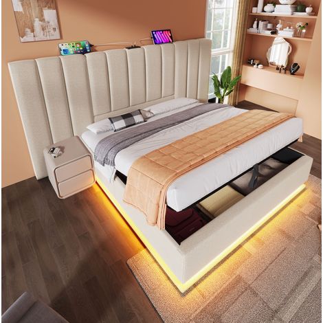 Bett mit Stauraum Leinen Beige 160x200 cm, mit LED-Beleuchtung, USB-C und Lattenrost (1/5)
