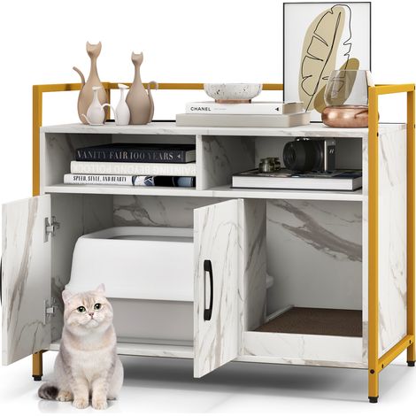 Meuble Litiere Chat en Bois, Meuble Cache Litiere Double Porte 2 en 1, Planche à Griffer Amovible, Cadre en Métal, 1 Passe-Câble, 2 Compartiments (1/5)