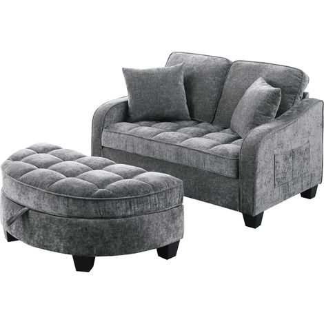 Divano letto 2 in 1 grigio scuro con pouf contenitore, legno di eucalipto e tessuto traspirante (1/5)