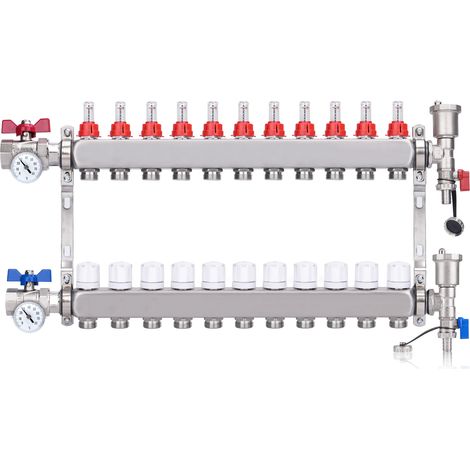 Kit Collecteur Radiateur, 11 Circuits Distributeur Chauffage, avec Thermomètreavec, Vannes à Boisseau Sphérique 1", avec Purgeur Manuel et Débitmètre, Raccords pour Eurocône 3/4, Distributeur HKV