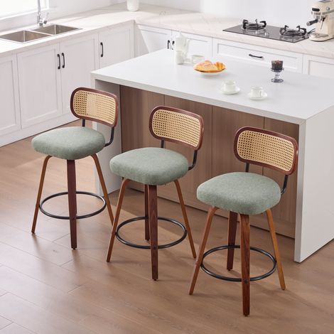 Lot de 3 Tabourets de Bar Pivotants Vert, Assise Lin Dossier Rotin Chaise Haute Cuisine, Vintage Milieu du Siècle (1/5)