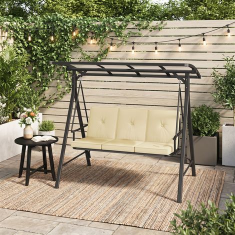 Hollywoodschaukel 3-Sitzer Bealife Gartenschaukelstuhl mit Gepolstertem Sitz Verstellbarem Polycarbonat-Dach Metallgestell für Terrassen Patio im Freien Beige 206 x 181,6 x 117,6 cm
