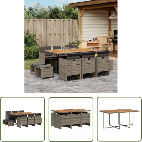 The Living Store 11-tlg. Garten-Essgruppe mit Kissen Grau Poly Rattan - Gartengruppe - Gartenmöbel - Esstisch - Gartenstühle - Gartenhocker (1/5)
