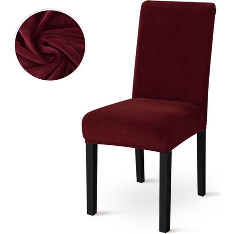 Housse de chaise en velours épais, uni bordeaux, avec bordure en treillis – Protection complète contre la saleté pour chaises de restaurant et hôtel – Modèle universel dos moyen – Idéal pour bancs et