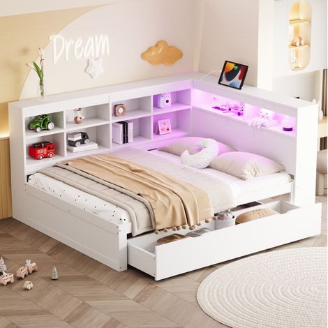 Lit coffre 140x200 cm LED USB en bois blanc HAVRYA (1/5)