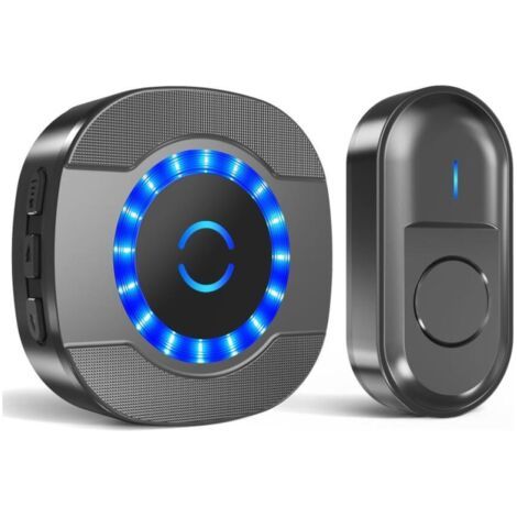 BUNTHAUS NoirSonnette sans Fil Exterieur Étanche, 300M Sonnette Longue Portée avec Récepteurs Enfichables, Carillon Electronique Kit pour la Maison, LED Bleu, 55 Mélodies, 5 Niveaux Volumes (1/5)
