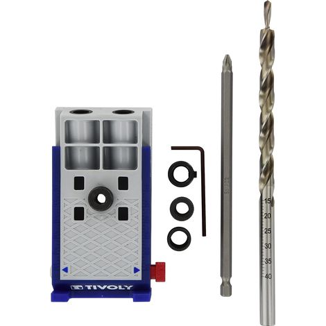 Tivoly • Kit “Assemblaggio invisibile” 8pz, con guida angolare 15°, punta a gradino Ø9,5x200mm, punta a vite Pz2 Lg 150mm