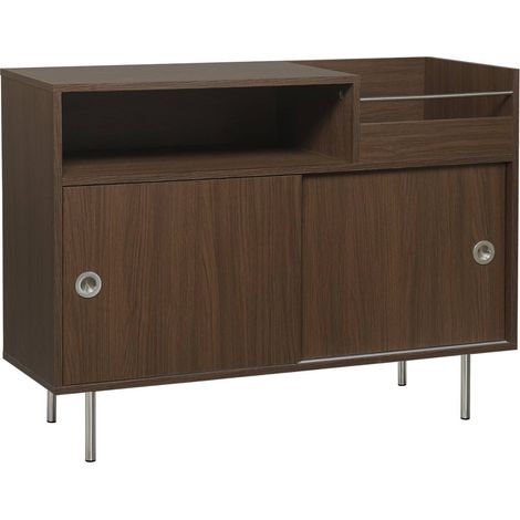 sweeek - Vintage Schallplattenschrank mit Holzdekor und Edelstahl 100cm