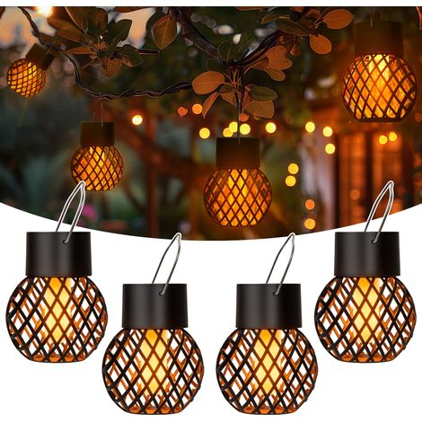 Lampes solaires de jardin, lot de 4 lampes solaires suspendues, flamme vacillante, lumières sphériques pour extérieur, étanches, pour jardin, cour (1/5)