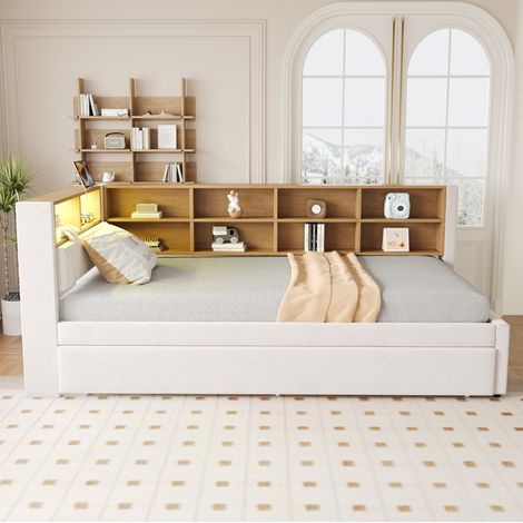 DESVIAE Canapé lit multifonction 90 x 200 avec lit gigogne 90 x 190 LED ports de charge rangements multiples flanelle beige (1/4)