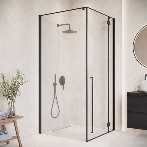 Badplaats – Cabine de douche 90 x 90 x 190 cm – Verre de sécurité 6 mm – Porte tournante avec bande magnétique – Traitement anticalcaire – Profilés noirs (1/5)