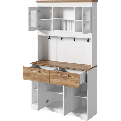 Buffet de cuisine avec vitrines, 2 tiroirs, portes et patères, 106 x 39 x 176,5 cm, blanc et bois (1/5)