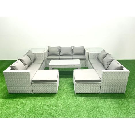 Fimous Ensemble de meubles d'extérieur en rotin 11 places avec Table basse oblongue 2 Grand tabourets 2 Tables d'appoint Gris clair mixte (1/5)