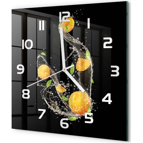 Horloge Murale Carrée Objet Décoratif en Verre Silencieuse pour Salon Abricots et eau 30x30 cm