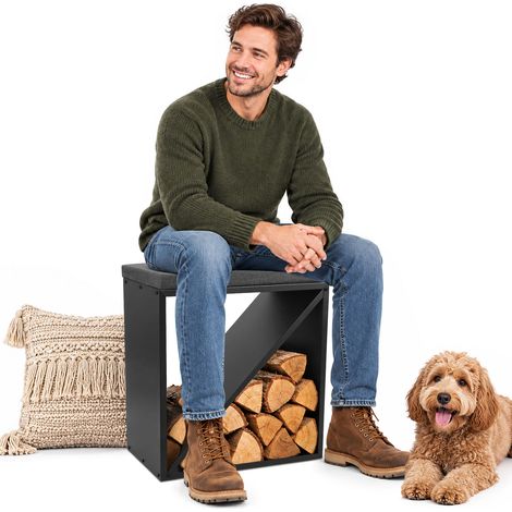TolleTour Brennholzregal mit Sitzbank 2 in 1, Holzaufbewahrung mit Sitzkissen Schwarz Grau, 60 × 36 × 59 cm, 400 kg (1/5)