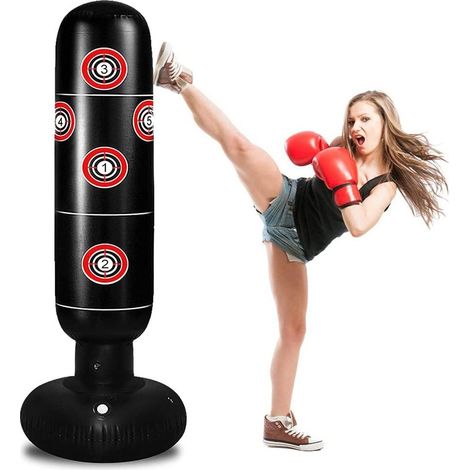 Colonne de Boxe Gonflable Noire avec Cible, Sac de Frappe sur Pied pour Entraînement à Domicile (1/4)