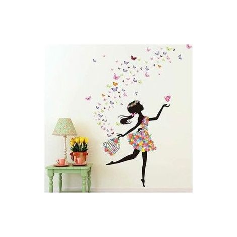 Stickers muraux amovibles - Fille dansante romantique - Fée des fleurs et papillon - Dimensions 172x130 cm (1/5)
