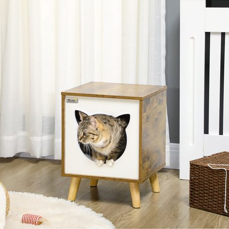 Cuccia per gatti in legno, cuccia per interni con cuscino lavabile e gambe rialzate, 34x34x44,5 cm, marrone.