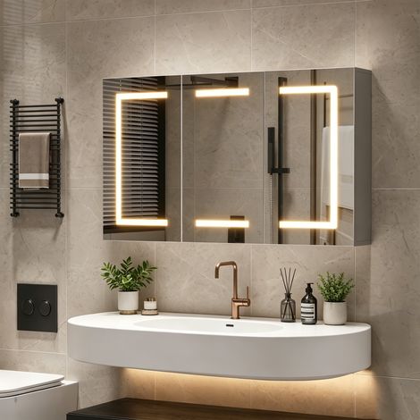 Meuble de rangement de salle de bain Blanc, Éclairage LED 3 couleurs et Antibuée, Armoire miroir mural 3 portes, verre trempé HD - prise intégrée