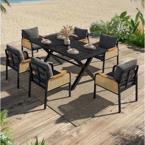 Set tavolo e 6 sedie da giardino, metallo e plastica effetto legno, nero e naturale DESVIAE (1/5)