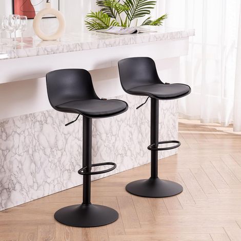 Tabourets de Bar Chaises de Salle à Manger Lot de 2 Noir, Coussin d'assise à Dossier Pivotant Réglable en Hauteur, Chaises de Bar en Métal Plastique Cuir PU, Maison Cuisine Bistro (1/5)