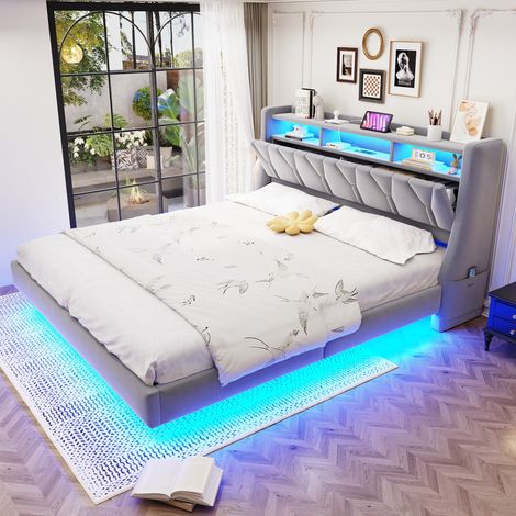 Lit 180x200cm - Lit double suspendu avec tête de lit rabattable avec prise et compartiment - éclairage LED - velours gris clair (1/5)