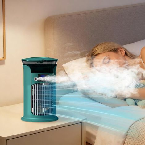 Mini-tragbare Klimaanlage, multifunktional 4-in-1, 3 Windgeschwindigkeiten, Wassertank, der mit kaltem Wasser oder Eis befüllt werden kann, 7-farbiges LED-Nachtlicht, für Zuhause, Büro und Outdoor-Ein (1/4)