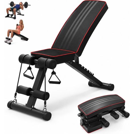 Relaxdays Banco de pesas plegable y ajustable, hasta 150 kg, 2 bandas elásticas, 4 en 1, negro, para gimnasio en casa (1/5)