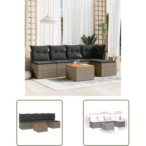 The Living Store 6-tlg. Garten-Sofagarnitur mit Kissen Grau Poly Rattan - Gartenmöbel - Sofagarnitur - Rattan Möbel - Outdoor Möbel - Esstisch