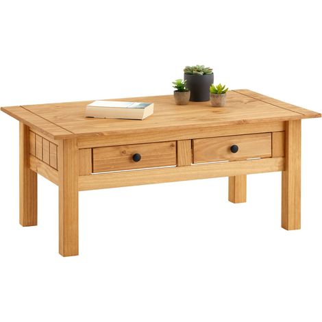 Idimex – Table basse fixe en pin massif teinté – 2 tiroirs de rangement – Dimensions 44x100x60 cm – Style campagne naturel (1/4)