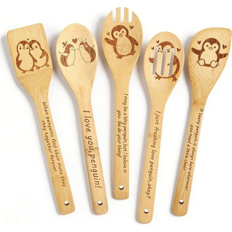 5 Cuillères en Bambou, Design Pingouin Gravé, Usiles de Cuisine Écologiques, Décoration Amusante, Cadeau pour Amoureux des Animaux