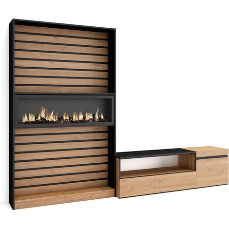 Skraut Home - Ensemble Meuble TV, Meuble Salon Complet, 260x186x35cm, Pour les TV jusqu'à 65", Cheminée électrique, Style moderne, Chêne et noir (1/5)