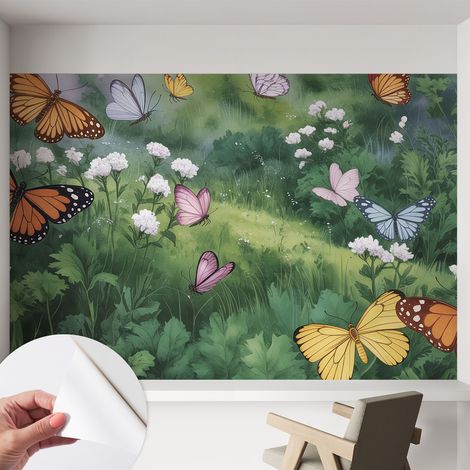 Papier peint autocollant avec imprimé décoratif pour salon et chambre à coucher Installation facile Papillons dans la prairie 152x104 cm (1/5)