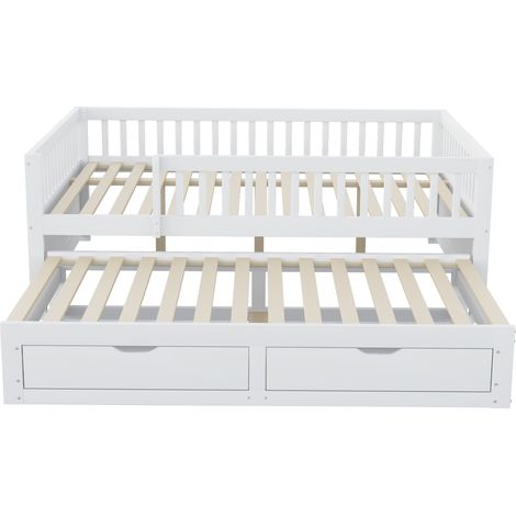 Cama banqueta 140x200 cm con cama nido, 2 cajones y barreras de seguridad blanca (1/5)