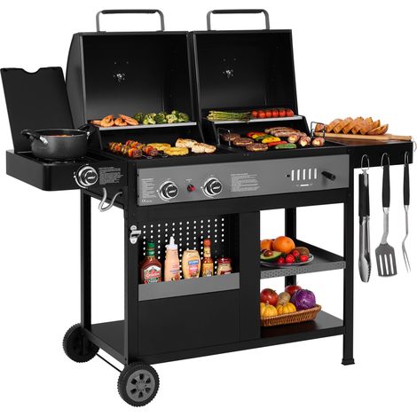 Barbecue Charbon de Bois & Barbecue à gaz avec Brûleur Latéral-Royal Gourmet-10 kW-Acier émaillé, Surface 97.7 x 44 cm, pour le camping (1/5)