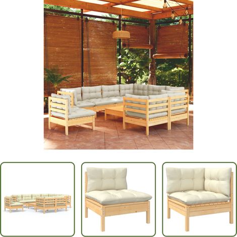 Terrassensofa - 10-tlg. Garten-Lounge-Set mit Creme Kissen Massivholz Kiefer (1/5)