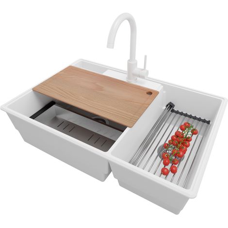 PRIMAGRAN Evier Cuisine en Granit 78x53cm,Lavabo 2 bacs + Robinet 32x20cm + Kit de Vidage + Accessoires, Évier à Encastrer au meuble 80cm - Paris, Blanc (1/5)