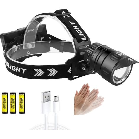 XHP99 Superhelle wiederaufladbare Stirnlampe, 2000 Lumen, 3 Beleuchtungsmodi, LED-Bewegungssensor-Scheinwerfer, wasserdicht, zoombar, für Camping, Angeln, Laufen im Freien (1/5)