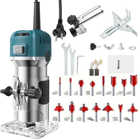 Bois Défonceuse Affleureuse Électrique 800W, Routeur à Bois Électrique 28000r/min avec 15pcs 1/4" Pinces Bits Affleureuse à Bois Électrique Verticale (1/5)