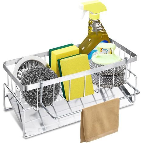 Organisateur d'évier de cuisine en acier inoxydable argenté avec étendoir à linge, panier à vaisselle pour accessoires de salle de bain (1/4)