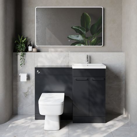 Napoli 390 Cento Gloss Grey 1100mm 2 Door Vanity Unit Toilet Suite with Glide Basin - 1100mm - Chrome 160mm HandleWith Kingston Toilet Pan and Seat