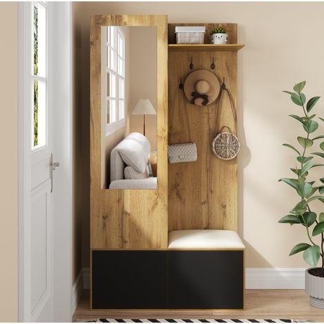 MEUBLIV Ensemble d’entrée avec miroir, banc et rangement à chaussures noir et bois (1/5)