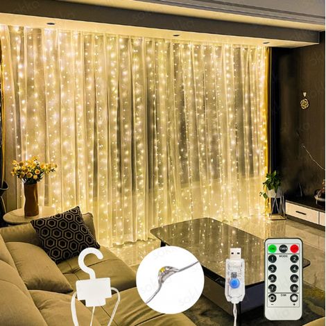 Vorhanglichter, 3 m x 3 m LED-Lichterkette, 8 warmweiße Beleuchtungsmodi, Fensterdekoration, Weihnachten, Hochzeit, Geburtstag, Zuhause, Terrasse (1/5)
