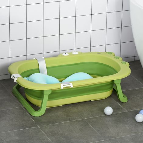 Baignoire 80x53,9x20,8 cm vert - pliante pour enfants de 0 à 3 ans avec coussin réglable bleu clair et pieds antidérapants