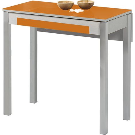 Table de Cuisine Extensible 1 Aile tombée - 80 x 40 cm (80 x 60 cm) - Structure et Aile tombée Couleur Aluminium - Plateau en Verre Couleur Orange (1/5)