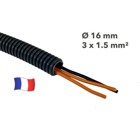 Gaine électrique préfilée 30 mètres diam 16 avec 3 fils Orange, Orange, Noir 1.5 mm² - PREFA ELEC (1/2)