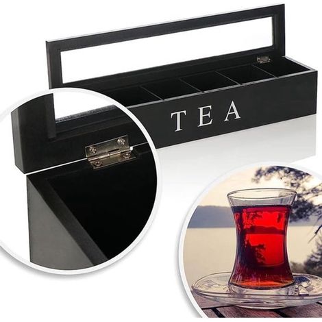 Boîte à thé à 6 compartiments - Boîte à thé noir - Boîte de rangement pour thé, sachets de thé et capsules de café - Couvercle à charnière - Boîte en bois compartimentée - 43 x 9 x 8,7 cm (1/5)