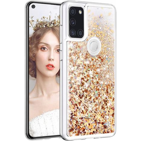 Funda para Samsung Galaxy A21S, parte trasera con brillo líquido dorado + cristal. (1/5)